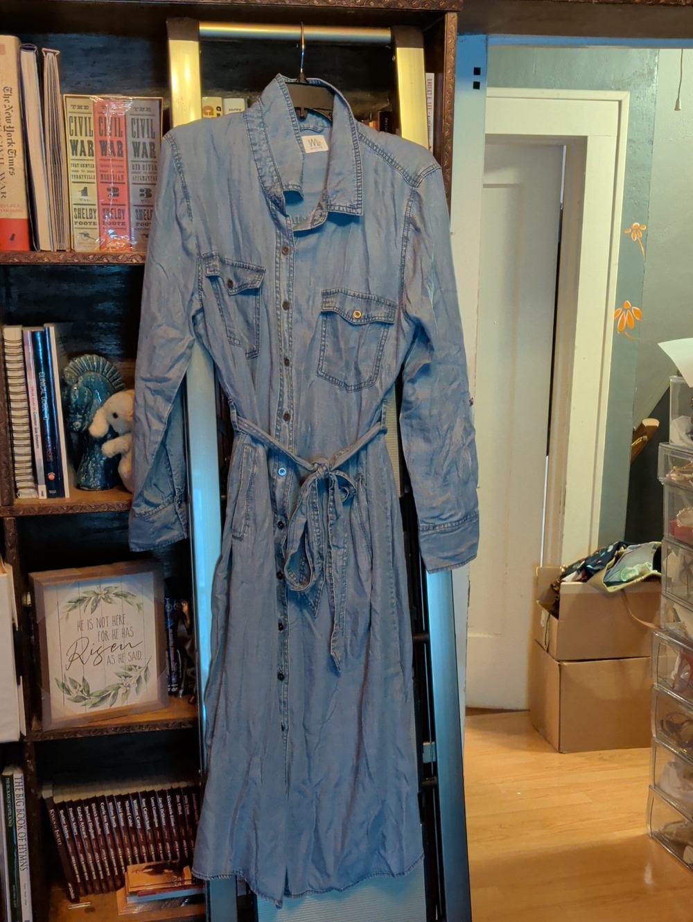 Light Blue Denim Shirt Dress with Waist Tie